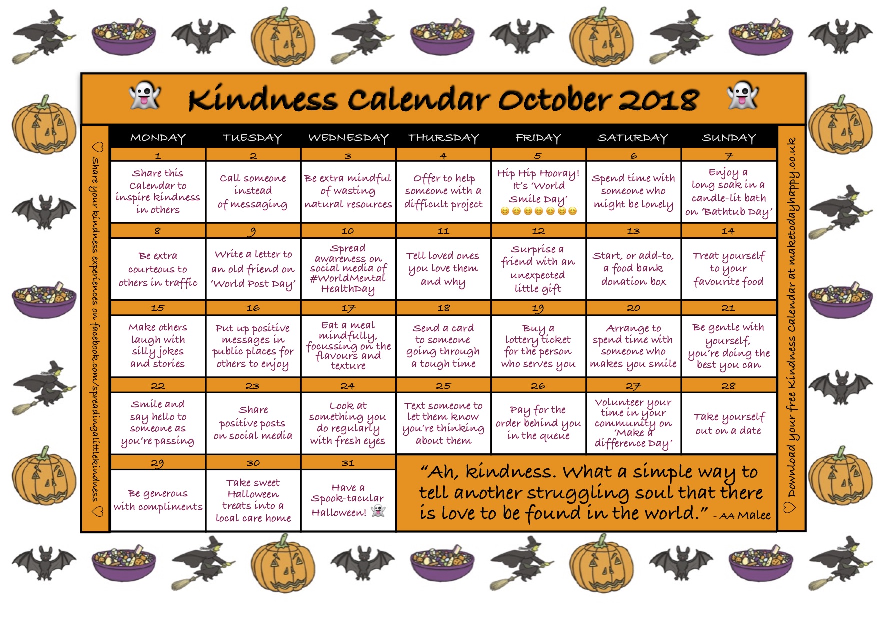 Kindness Calendar October 2018 make today happy